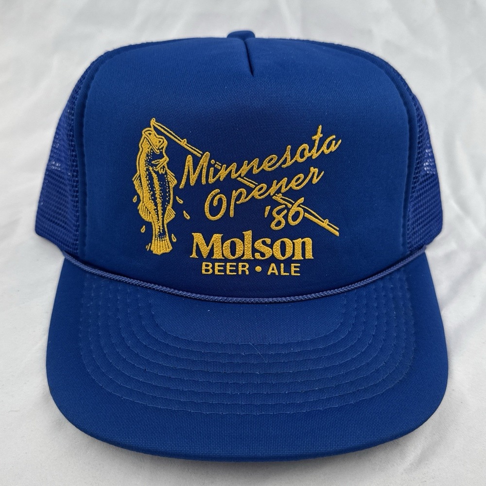 Vintage 1986 Molson Beer Minnesota Opener Fishing Trucker Hat Blue Snapback